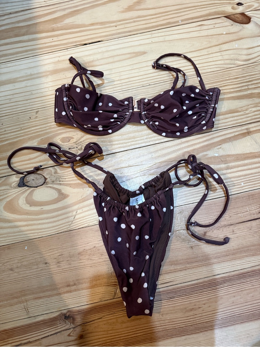 NWOT MINKPINK Brown & Pink Polka Dot Bikini Set
